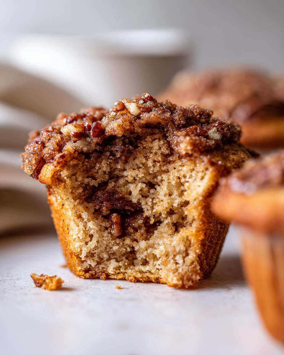 A close-up view of a pecan pie muffin cut in half, showing the moist interior and gooey pecan filling, topped with cinnamon streusel.