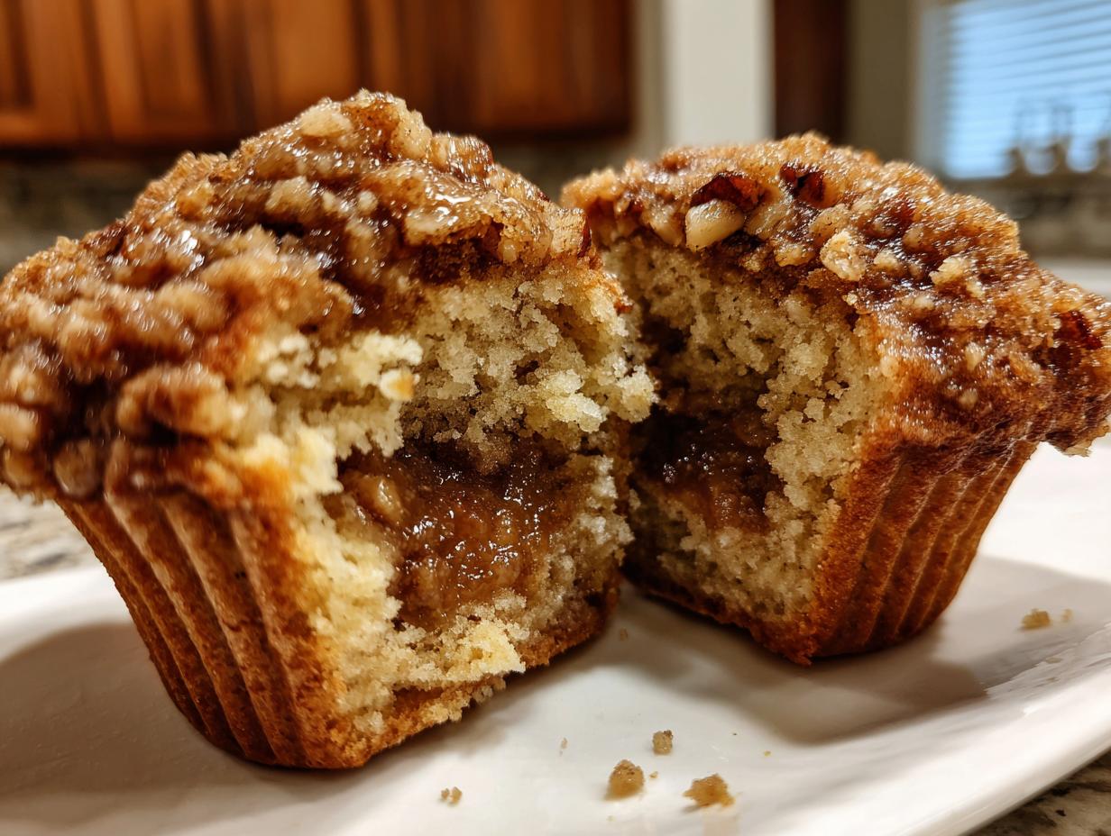 Close-up of a pecan pie muffin cut in half, showing the gooey pecan filling and crumb topping.