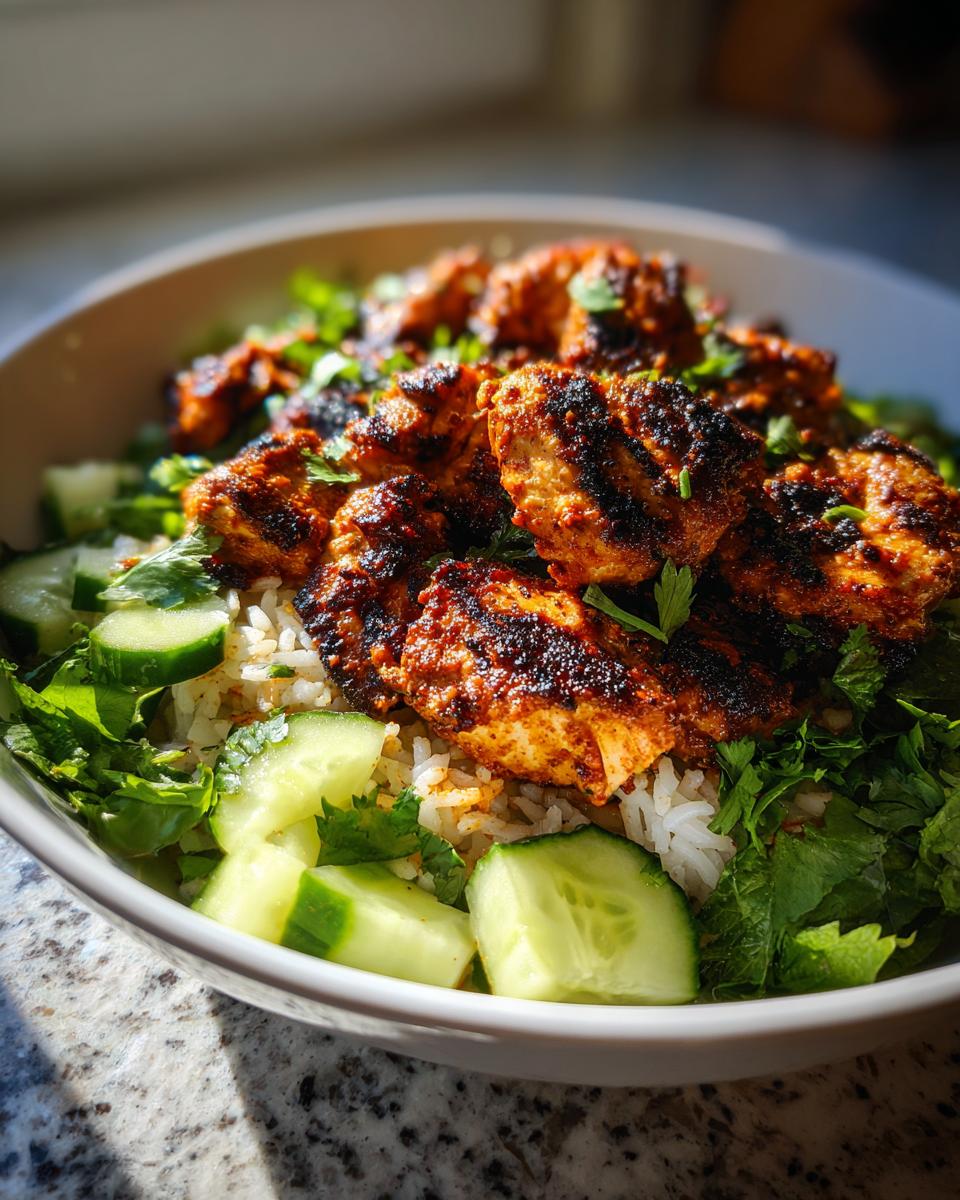 Close-up of a bowl featuring seasoned harissa chicken pieces over rice, garnished with fresh cucumber slices and herbs.
