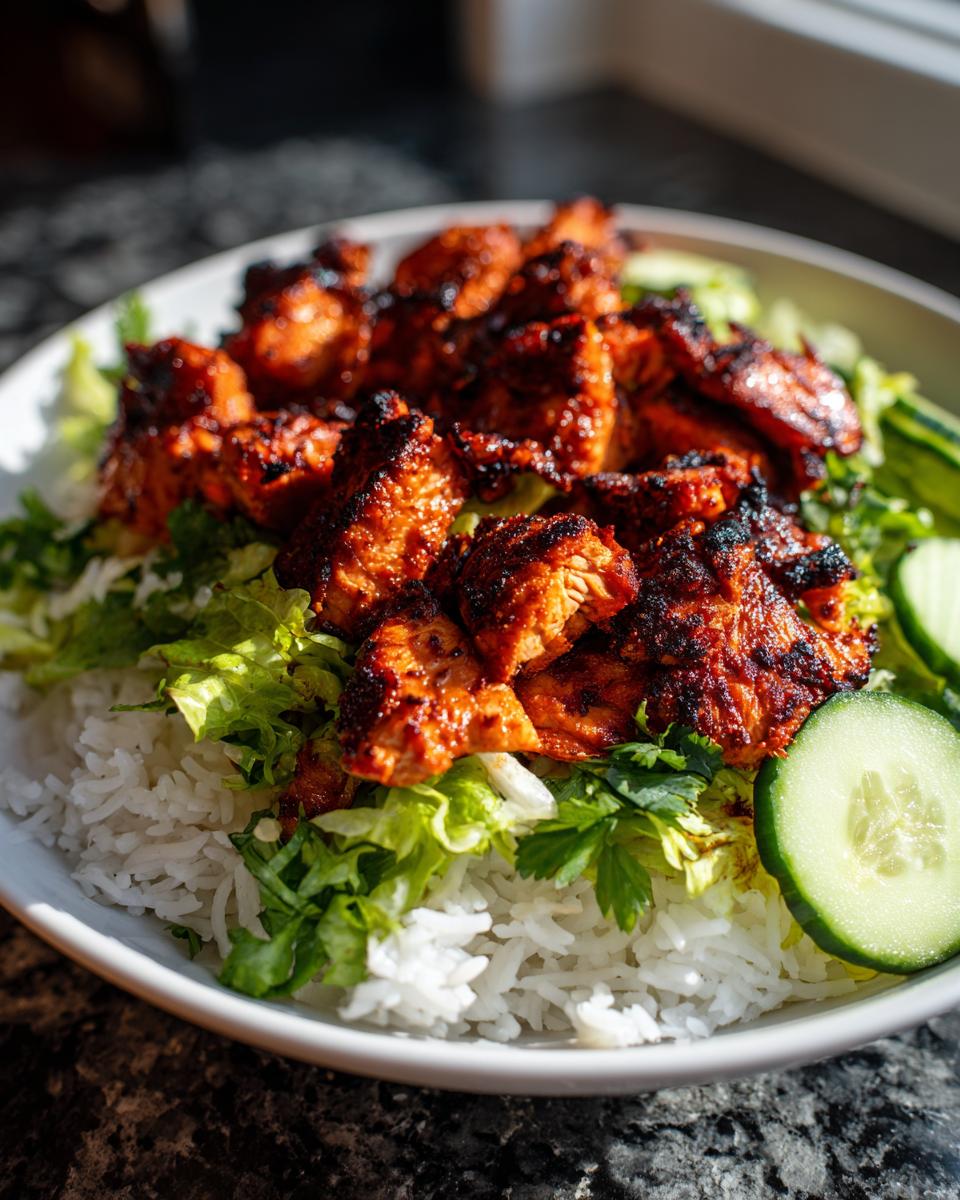 Close-up of a bowl featuring white rice topped with lettuce and pieces of richly colored harissa chicken, garnished with cucumber slices.