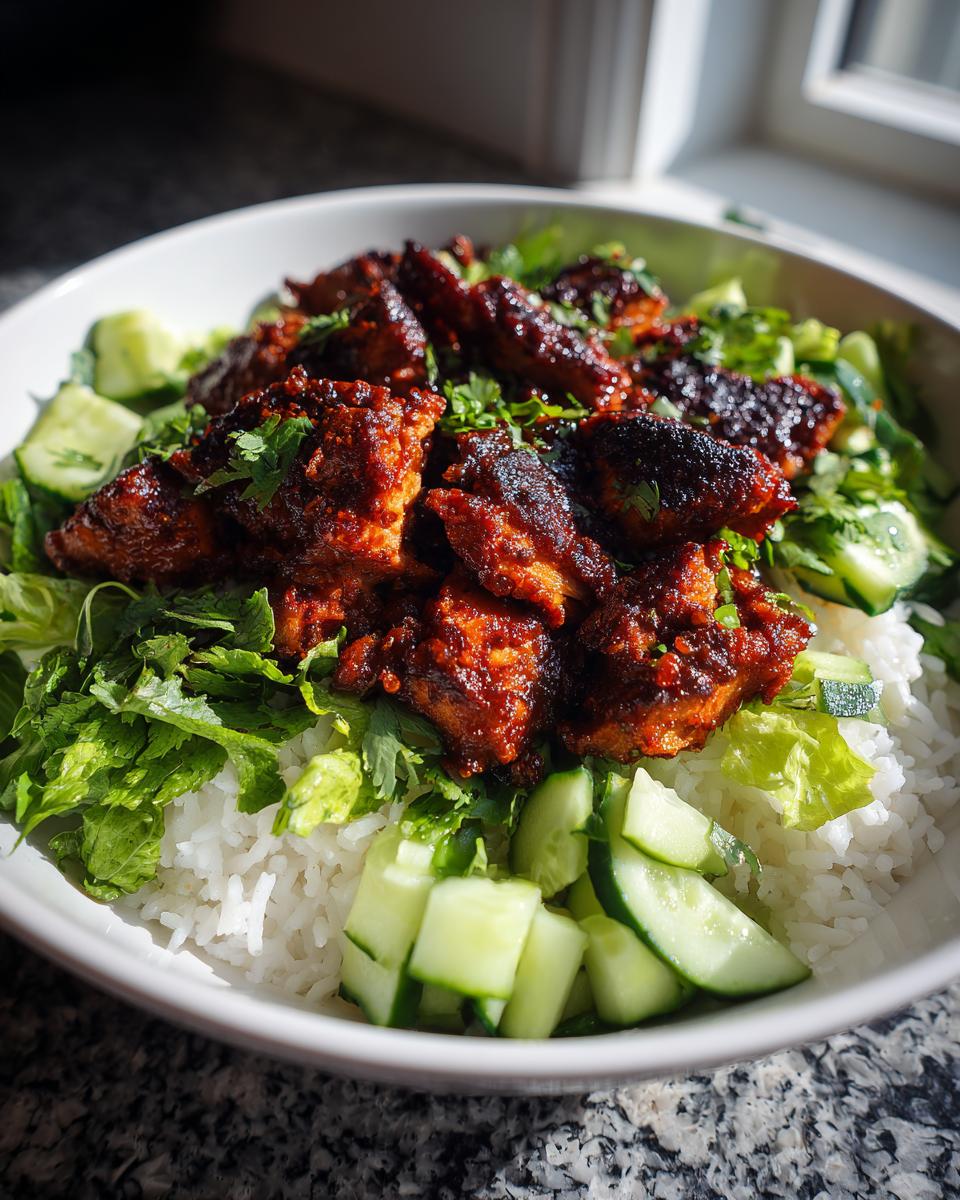 Close-up of a vibrant harissa chicken bowl featuring glazed chicken pieces over white rice, fresh lettuce, and diced cucumbers.