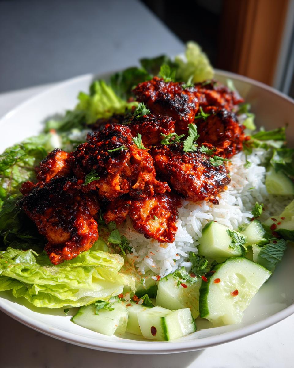Close-up of a vibrant harissa chicken bowl featuring charred harissa chicken pieces over white rice, fresh lettuce, and chopped cucumbers.