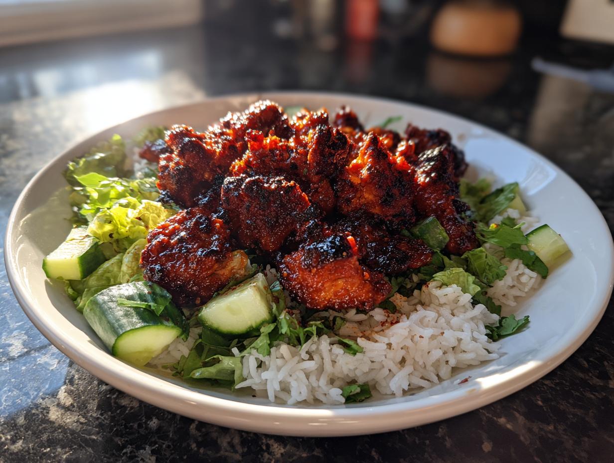 A close-up of a bowl featuring spicy, glazed harissa chicken served over white rice with fresh lettuce and cucumber chunks.