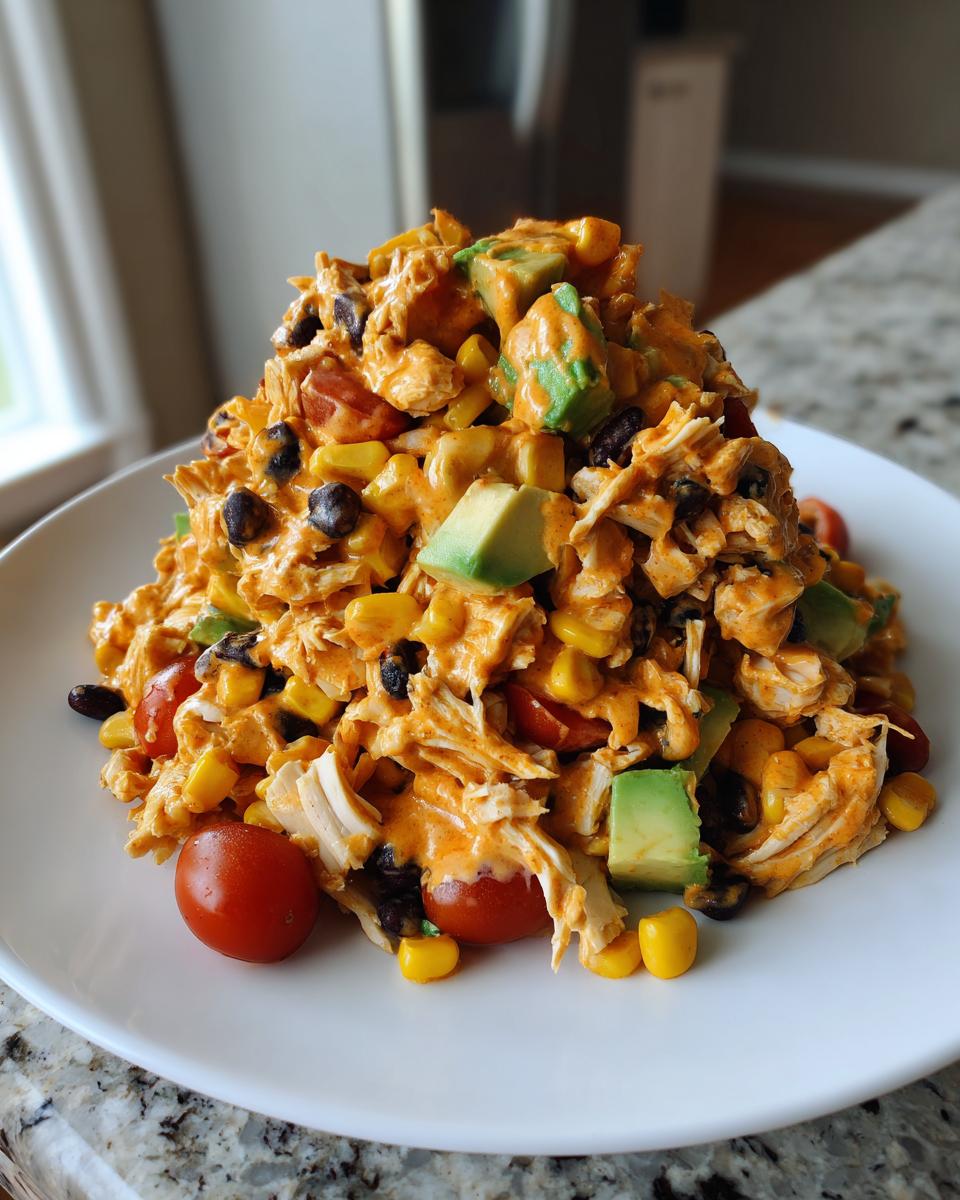 A tall mound of creamy southwest chicken salad featuring shredded chicken, avocado chunks, corn, black beans, and cherry tomatoes.