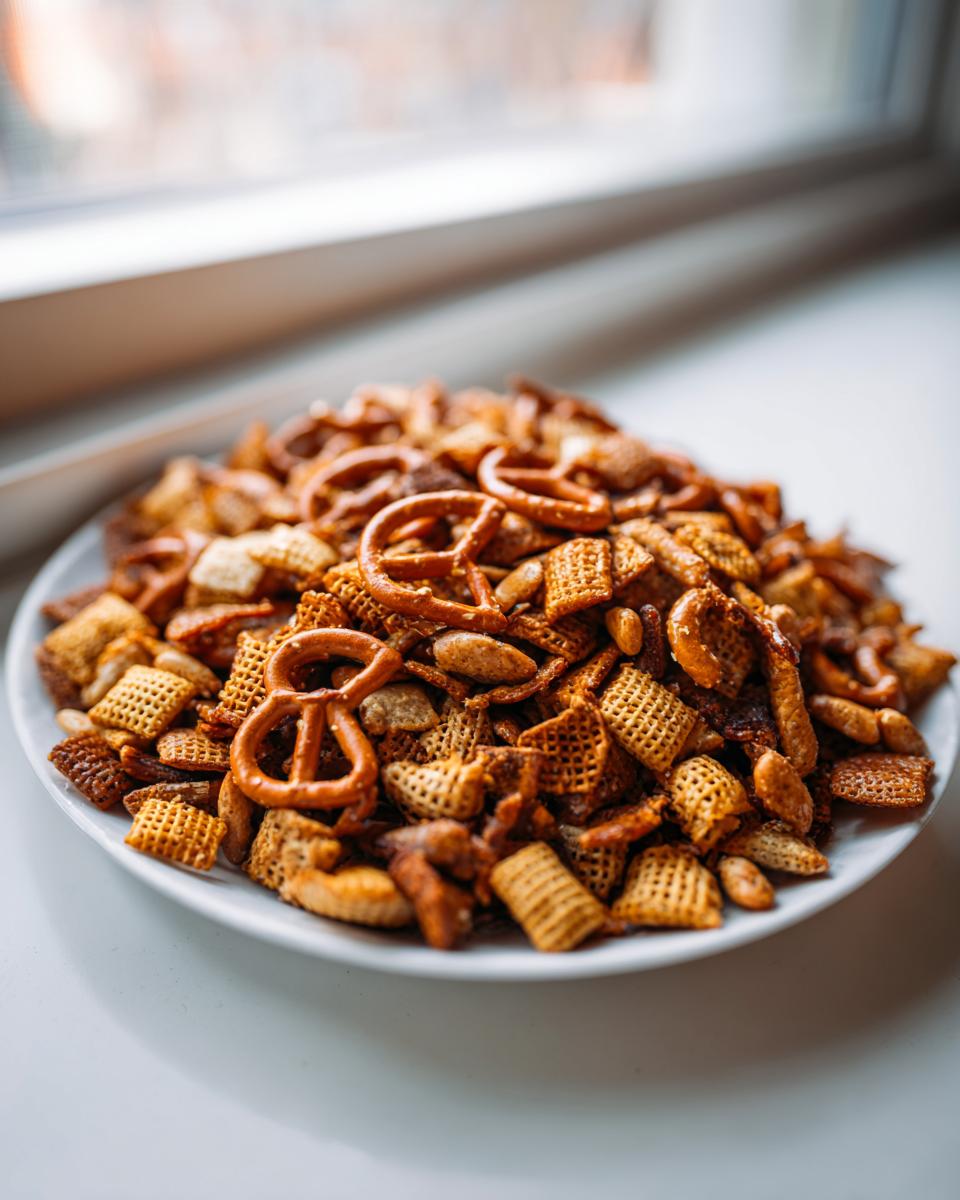 A close-up view of a generous serving of seasoned Chex party mix, featuring Chex cereal, pretzels, and nuts, piled on a white plate.