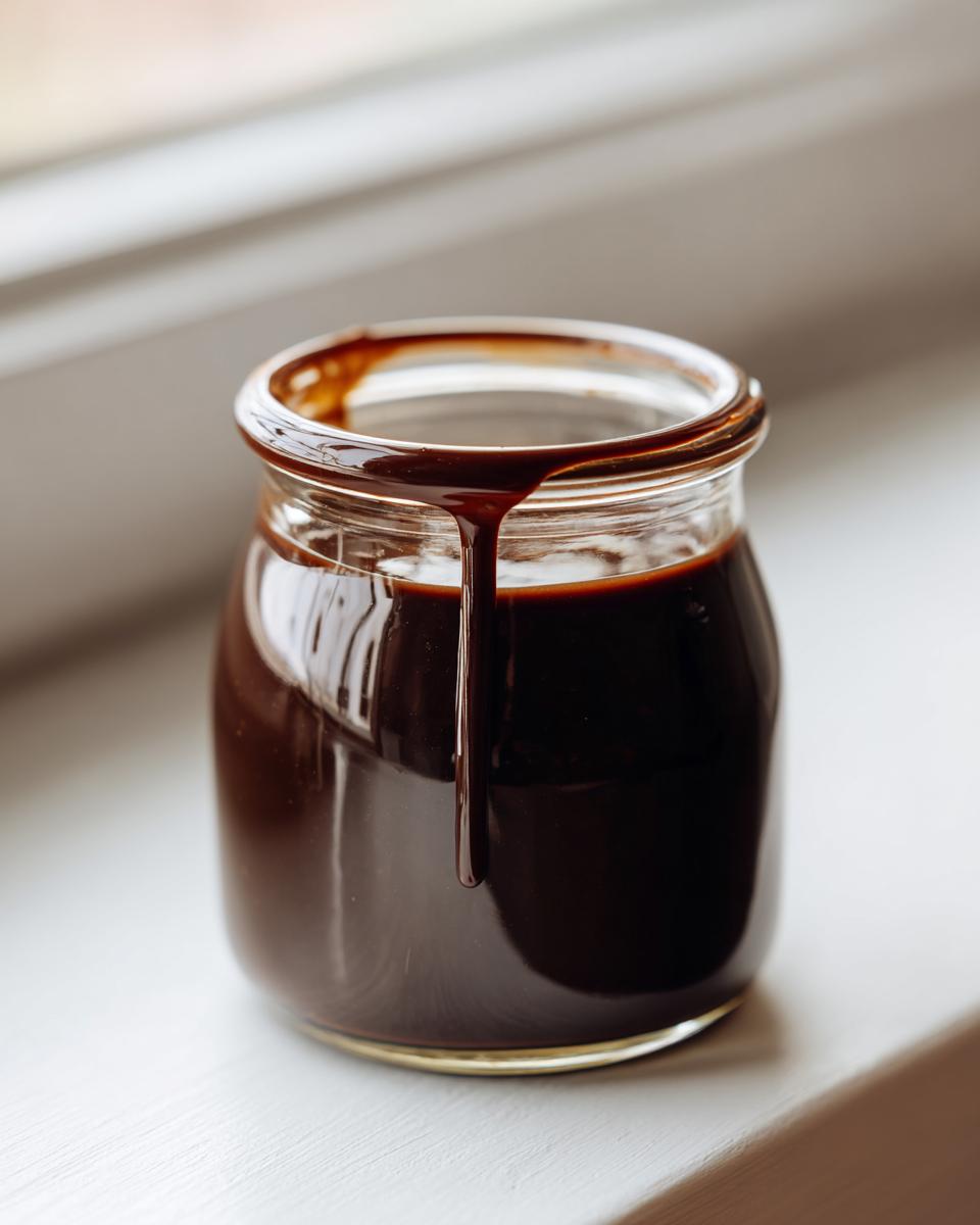 A close-up of homemade chocolate syrup dripping slowly from the rim of a small glass jar.