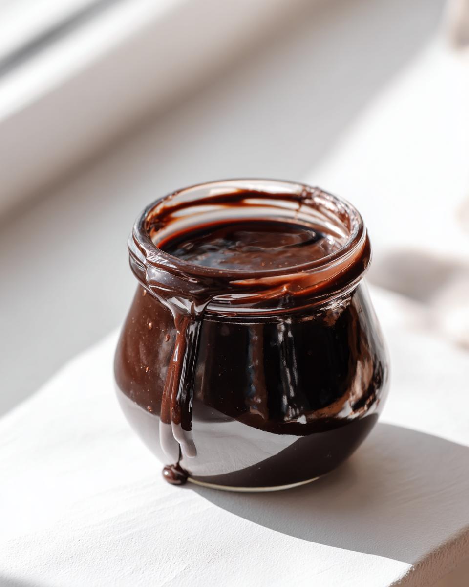 A small glass jar filled with thick, glossy homemade chocolate syrup, dripping down the side.