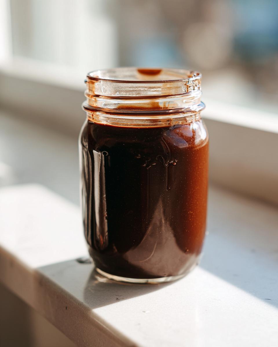 A glass mason jar filled with rich, dark homemade chocolate syrup sitting on a bright windowsill.