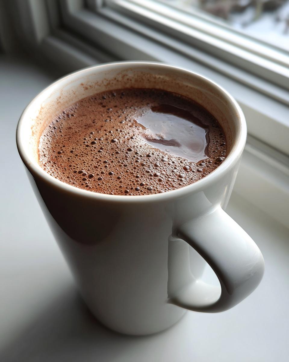 Close-up of rich, foamy homemade hot cocoa in a white mug sitting on a windowsill.