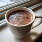 Close-up of rich, foamy homemade hot cocoa in a white mug sitting on a windowsill.