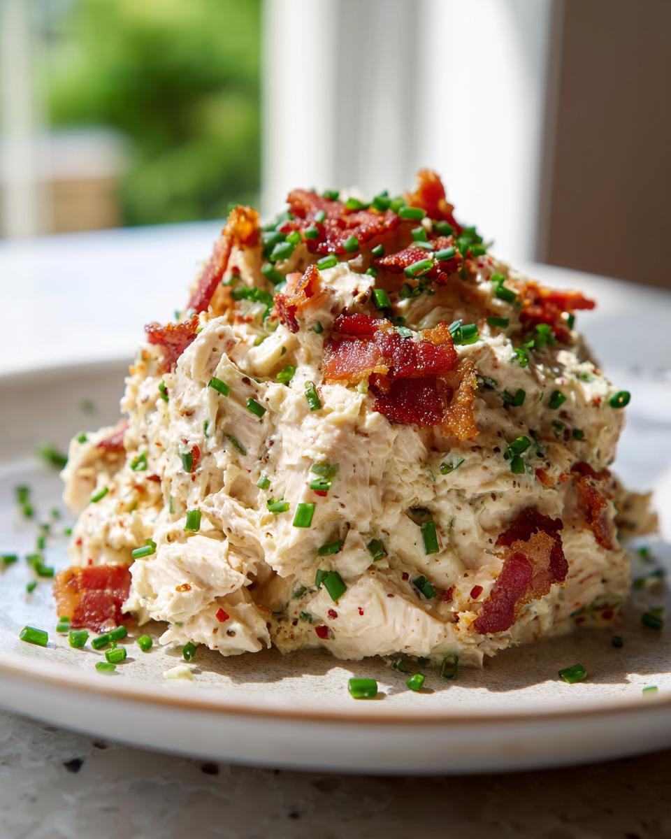 A scoop of creamy honey mustard chicken salad topped with crispy bacon bits and fresh chives.