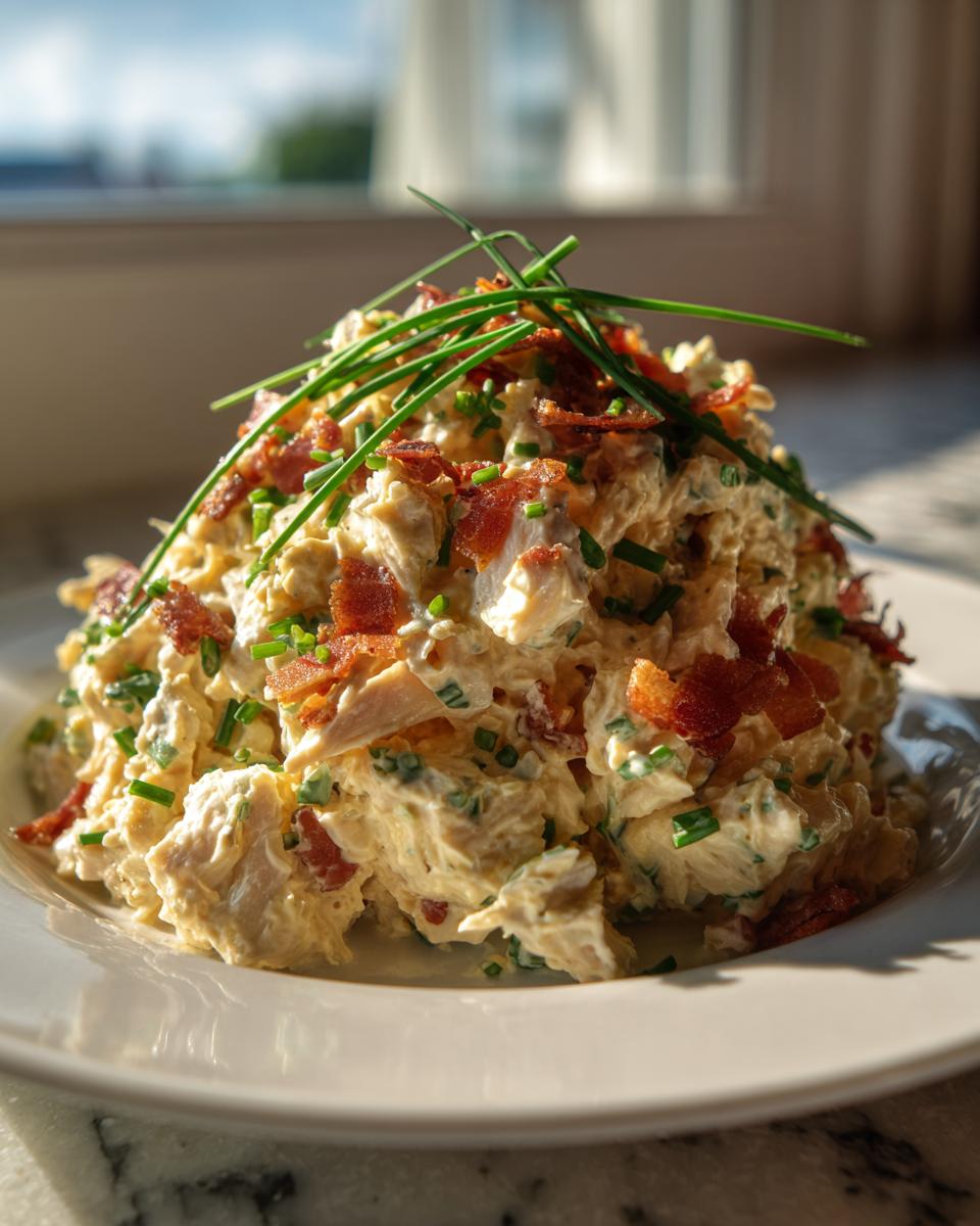 A mound of creamy honey mustard chicken salad topped with crispy bacon bits and fresh chives on a white plate.