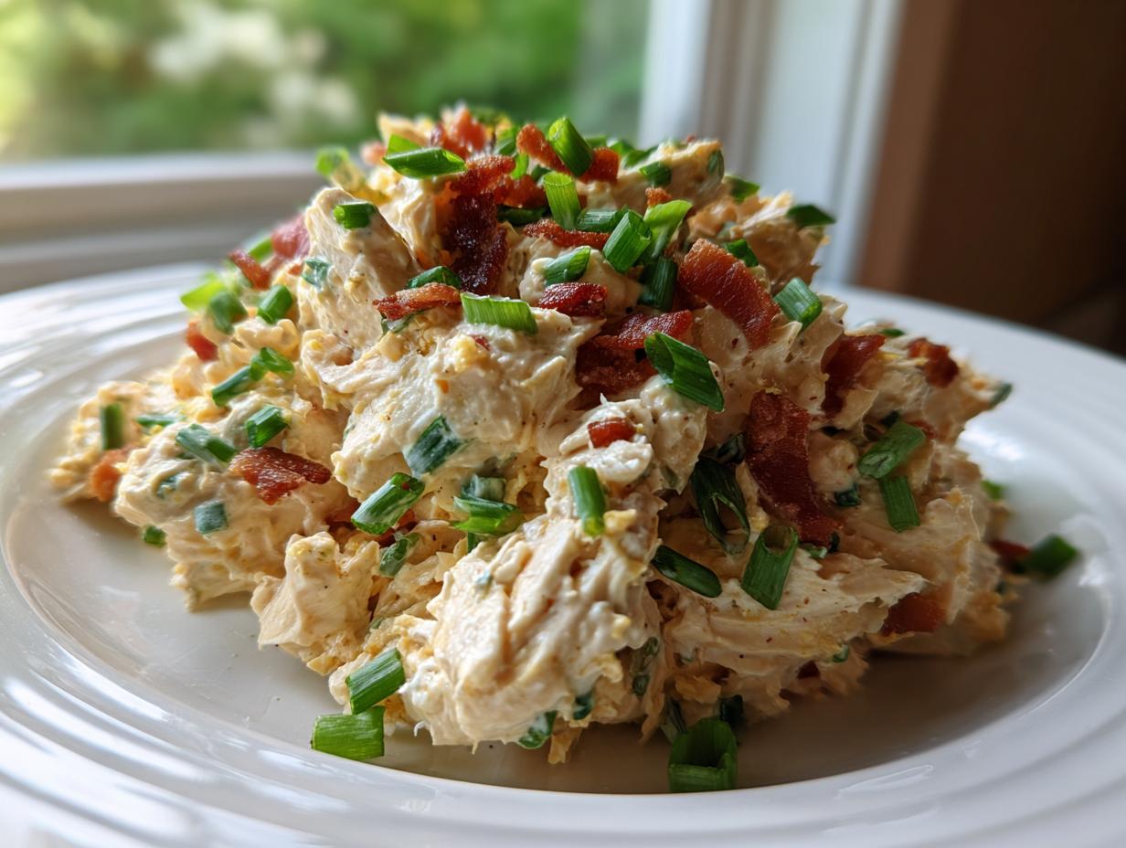 A mound of creamy honey mustard chicken salad topped generously with crispy bacon bits and fresh green chives.