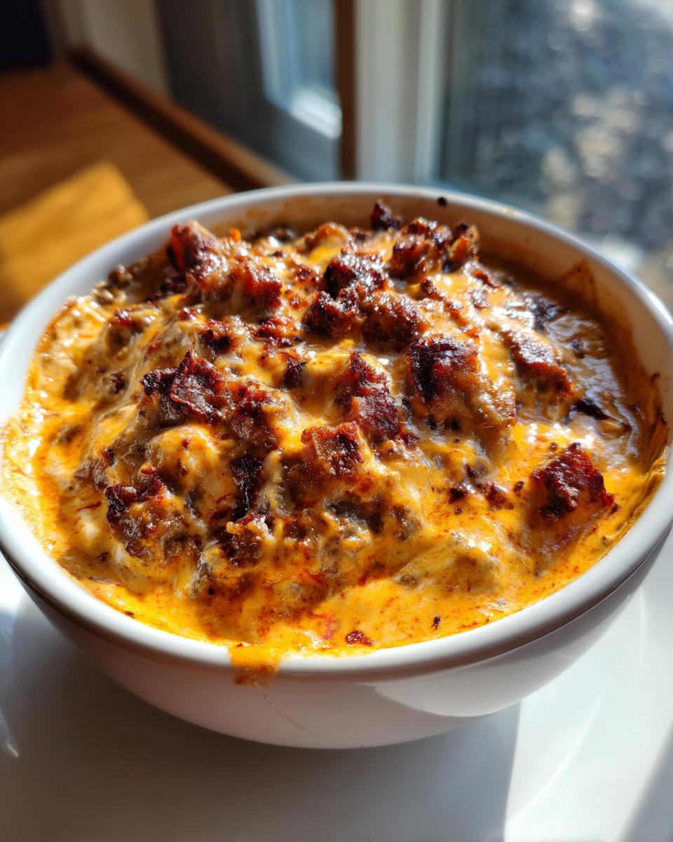 A close-up of a bubbling, cheesy sausage cream cheese dip topped with browned sausage crumbles in a white bowl.