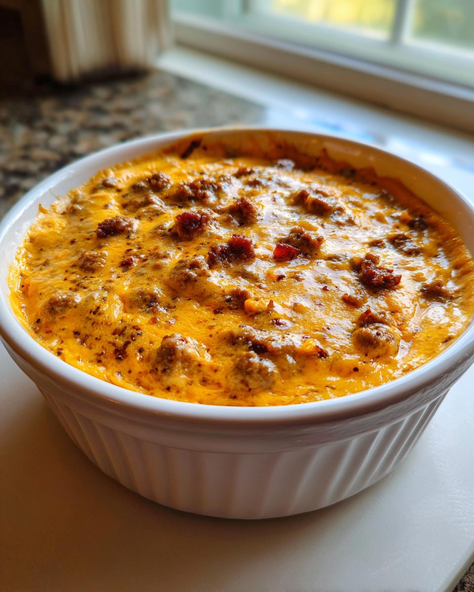 A bubbling, cheesy sausage cream cheese dip baked to perfection in a white, fluted ramekin.