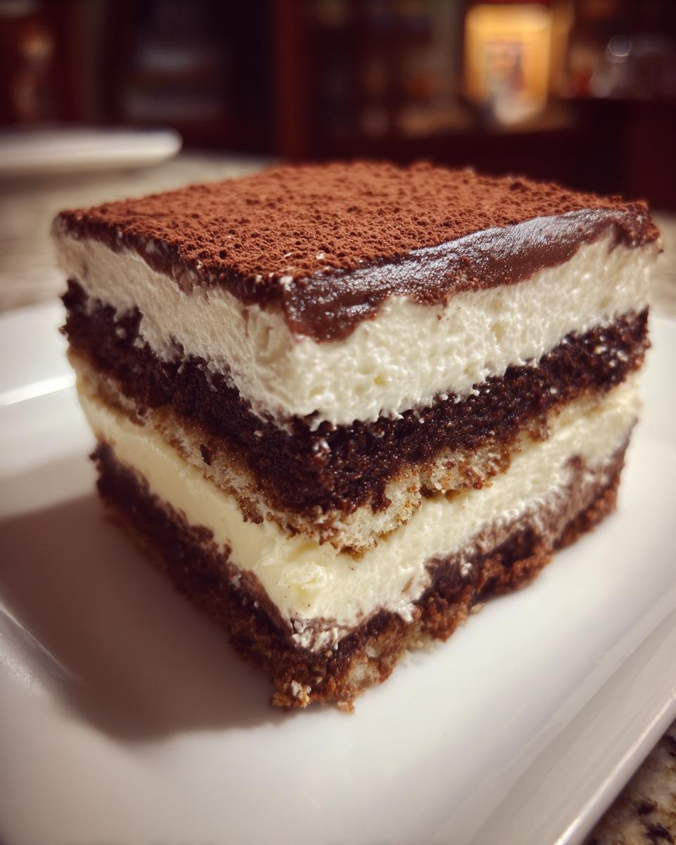 A decadent, layered slice of Italian love cake topped with cocoa powder.