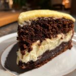 A close-up of a decadent slice of Italian love cake showing dark chocolate layers and a thick white cream filling.