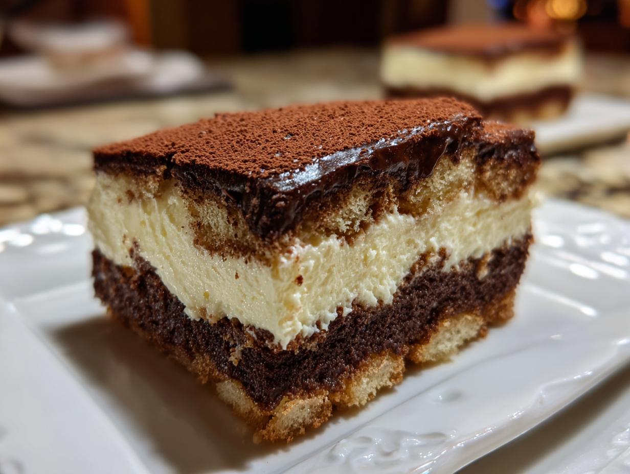 Close-up of a layered slice of italian love cake featuring cream, chocolate cake, and cocoa powder dusting.