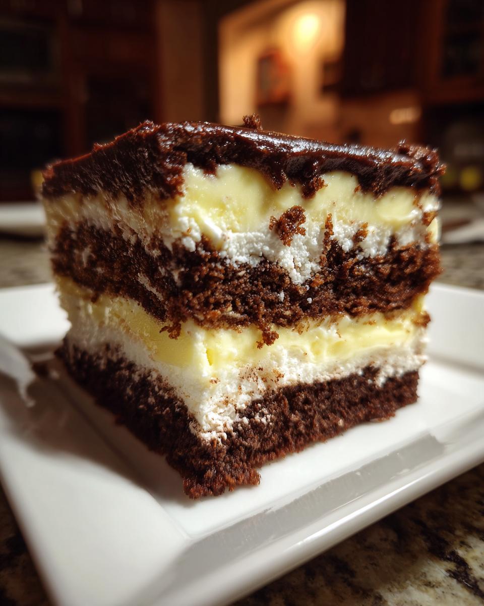 Close-up of a decadent slice of italian love cake showing layers of dark chocolate cake, vanilla cream, and chocolate ganache topping.