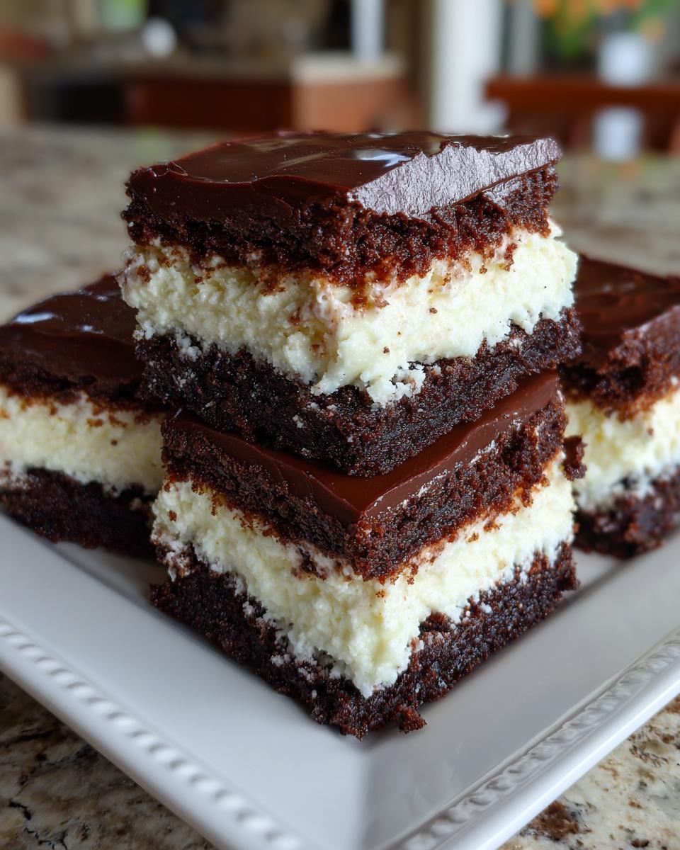 Close-up of stacked, rich chocolate and coconut layers of Italian love cake squares on a white plate.