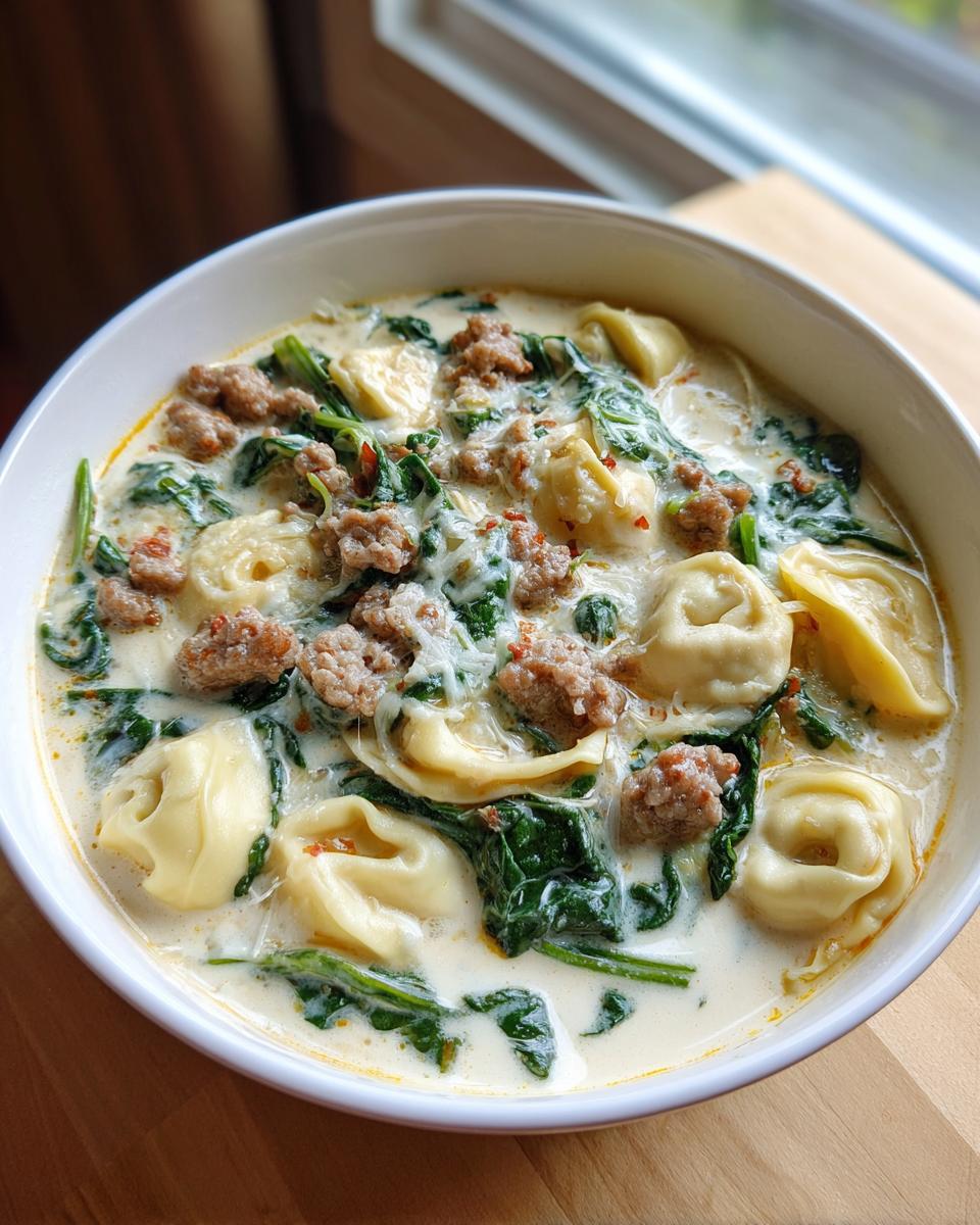 A close-up of a bowl of creamy italian sausage tortellini soup with spinach and cheese.
