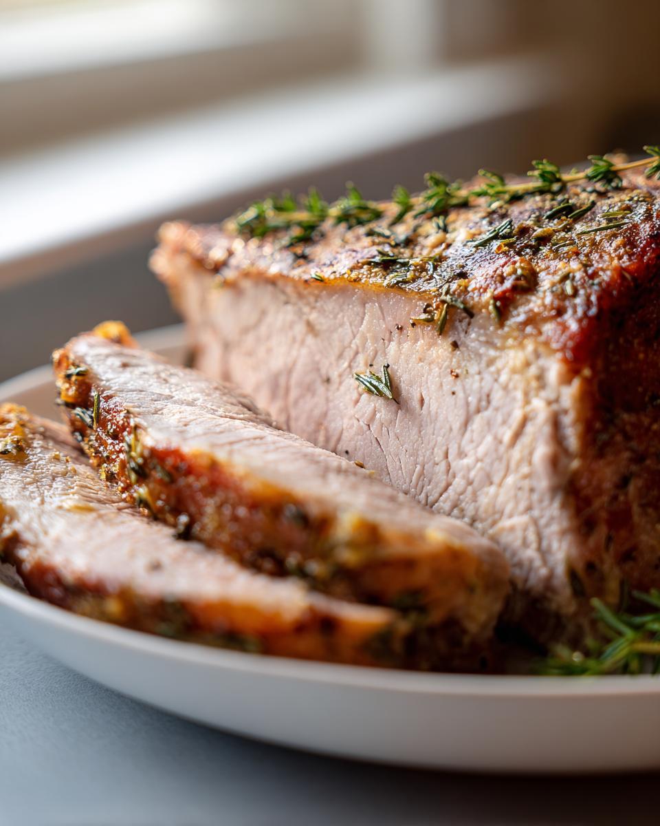 Close-up of a juicy slow cooker turkey breast, sliced and seasoned with herbs like thyme.