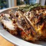 Close-up of sliced slow cooker turkey breast, seasoned heavily with herbs like rosemary.