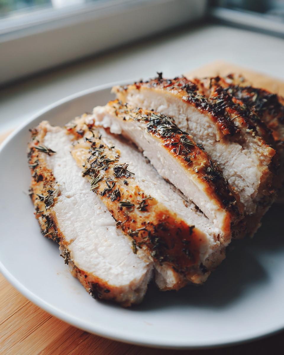Close-up of moist, sliced slow cooker turkey breast seasoned with visible herbs on a white plate.