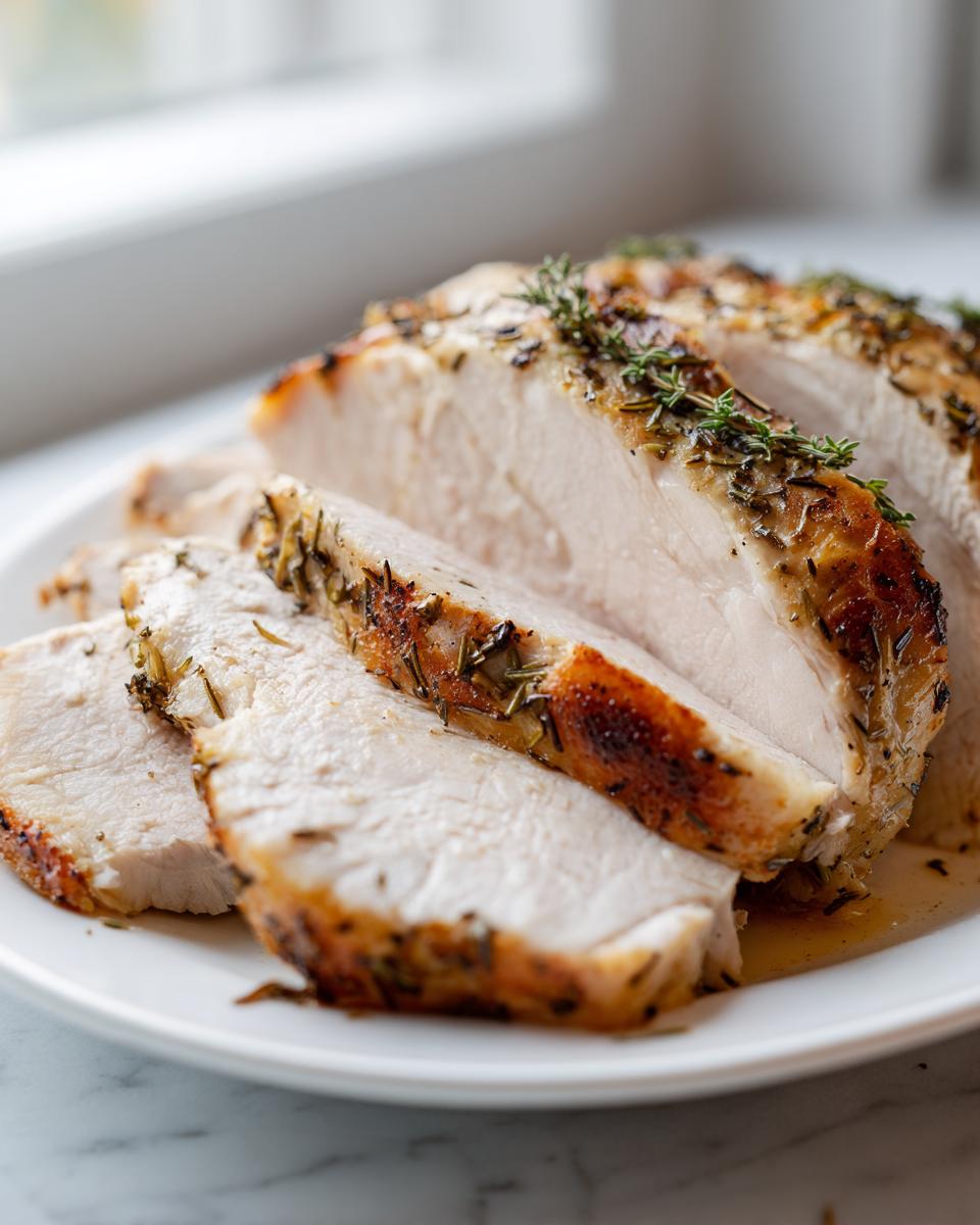 Close-up of sliced, juicy slow cooker turkey breast seasoned with herbs on a white plate.