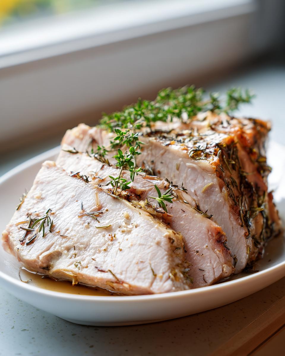 Slices of juicy slow cooker turkey breast seasoned with rosemary and thyme, resting in a white bowl.