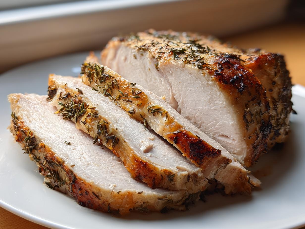 Close-up of sliced, juicy slow cooker turkey breast seasoned heavily with dried herbs on a white plate.