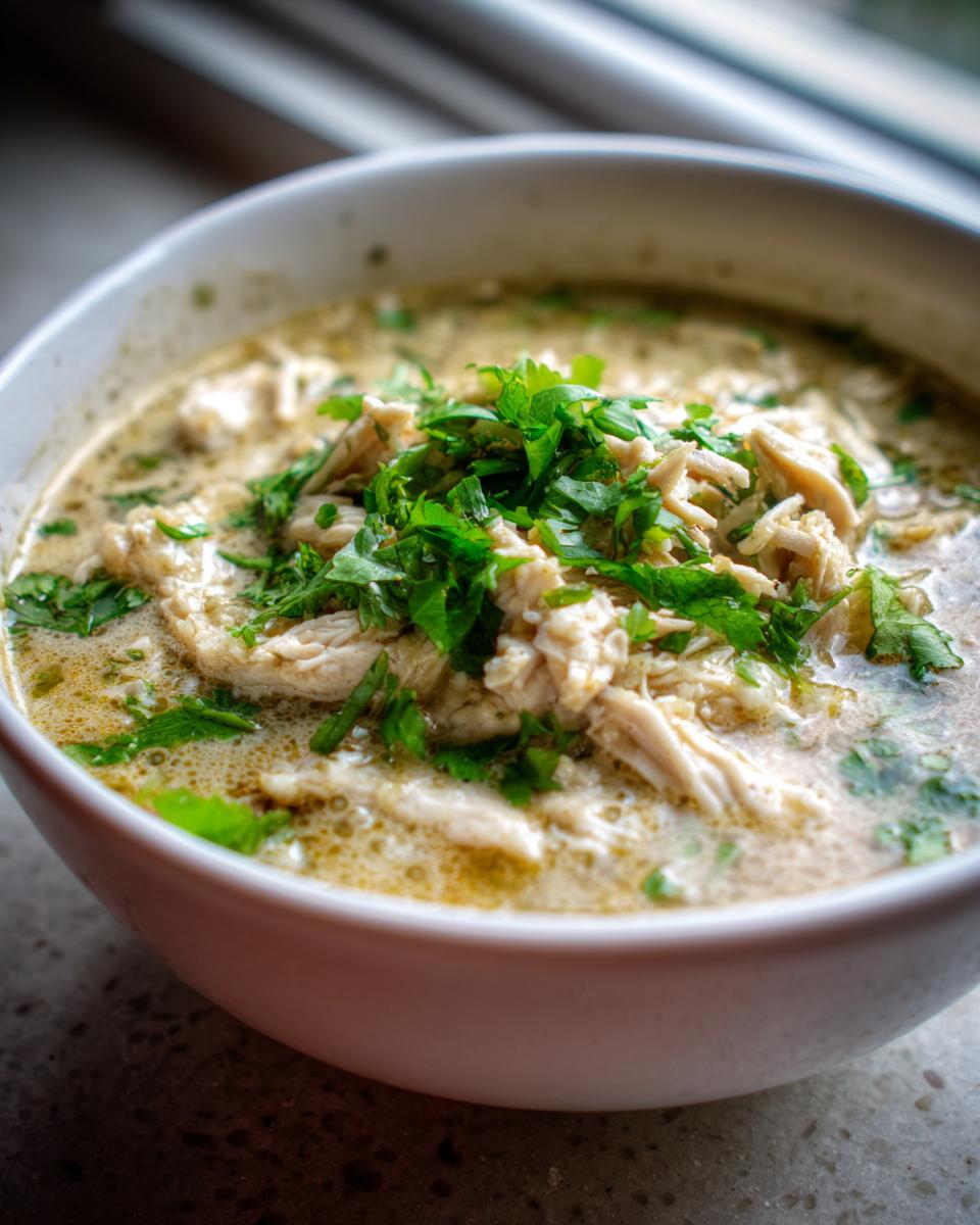 Close-up of a white bowl filled with creamy keto white chicken chili, topped generously with fresh chopped parsley.