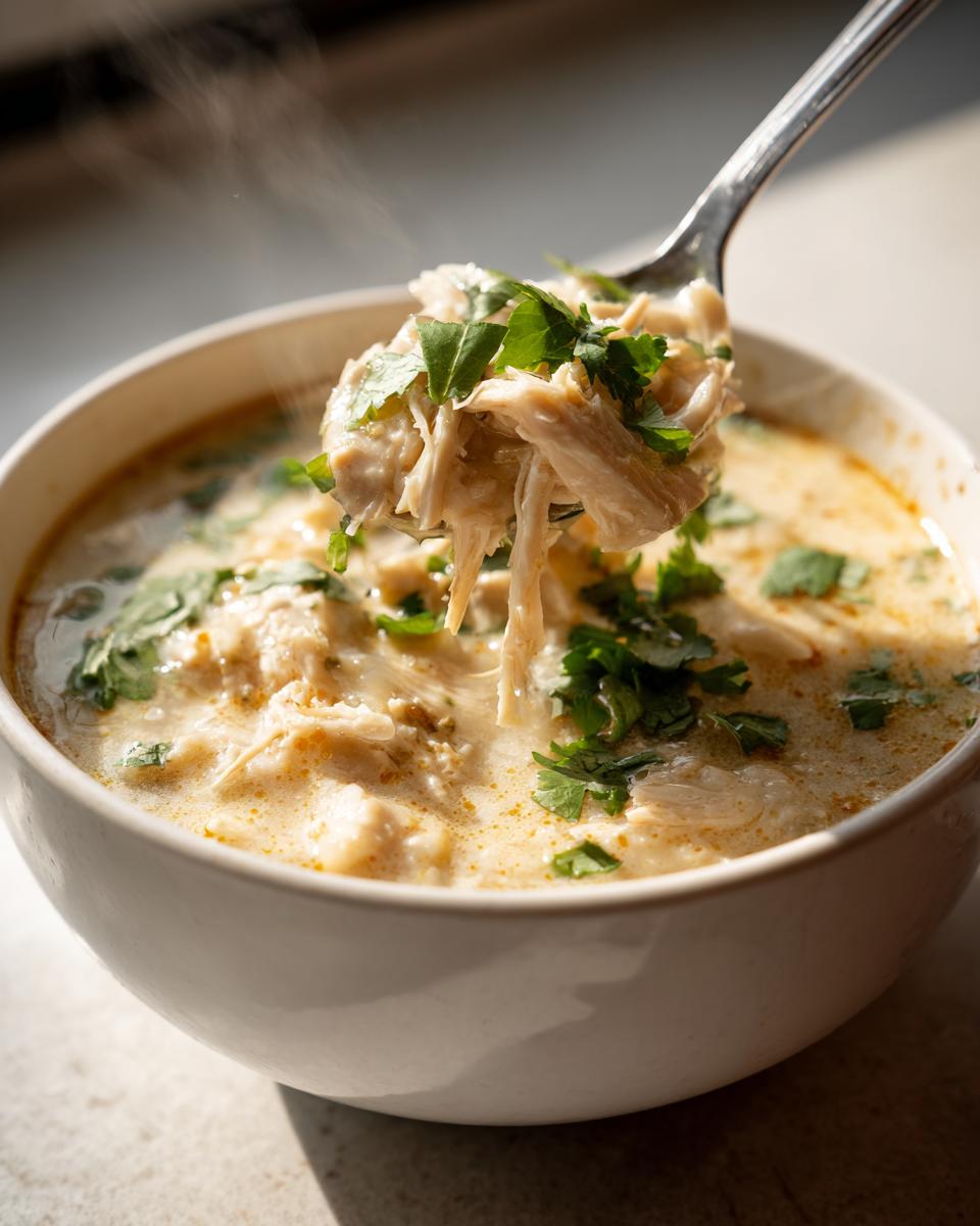 A spoonful of shredded chicken and cilantro is lifted from a bowl of hot keto white chicken chili.