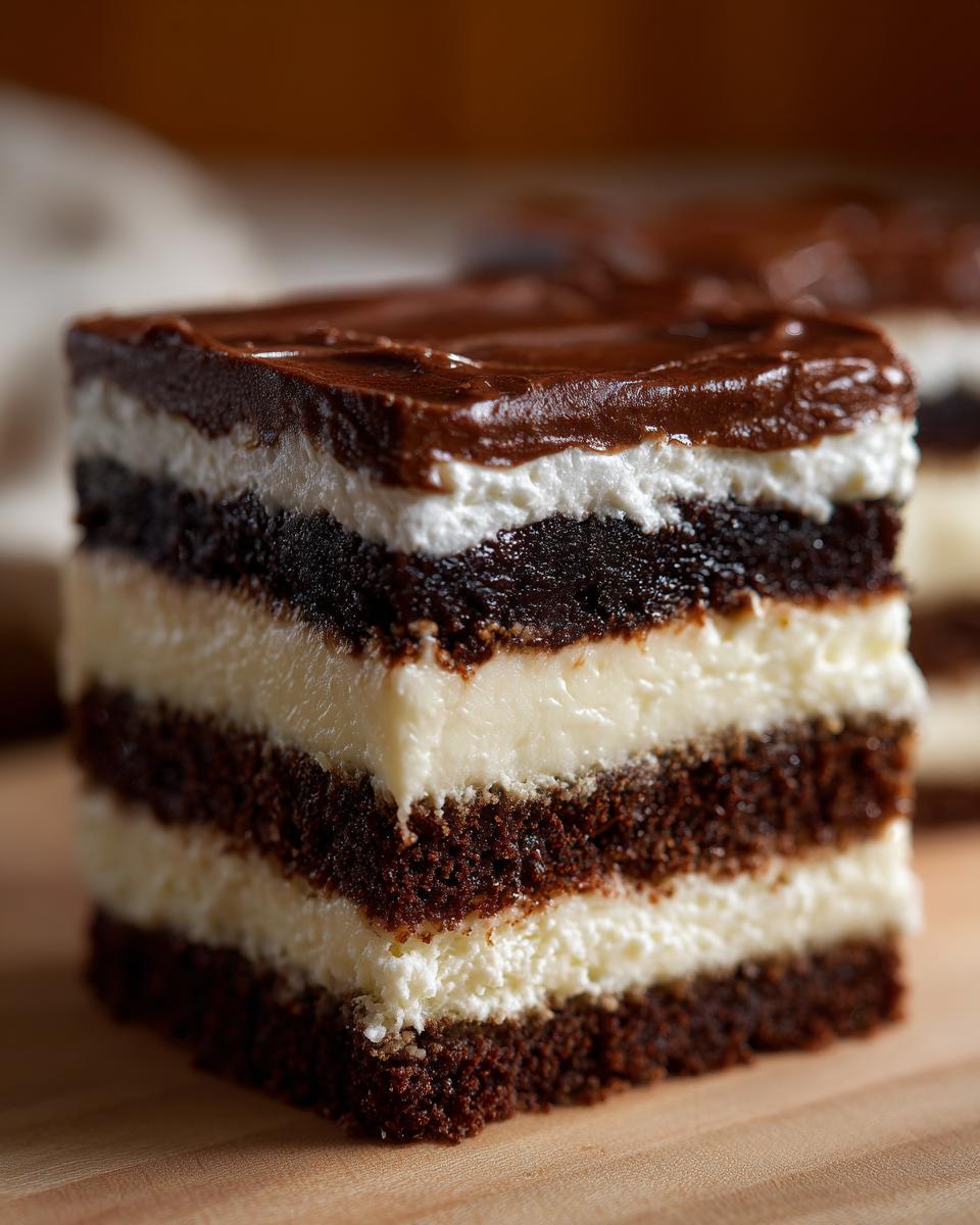 Close-up of a rich, layered slice of italian love cake featuring dark chocolate cake, white cream, and chocolate ganache topping.