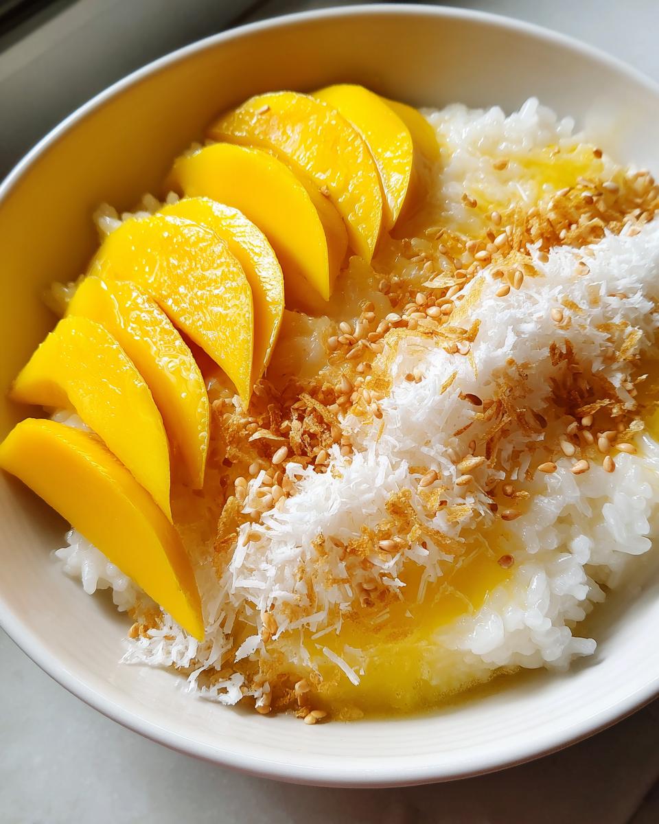 Close-up of a bowl of mango sticky rice topped with sliced fresh mango, coconut flakes, and toasted sesame seeds.