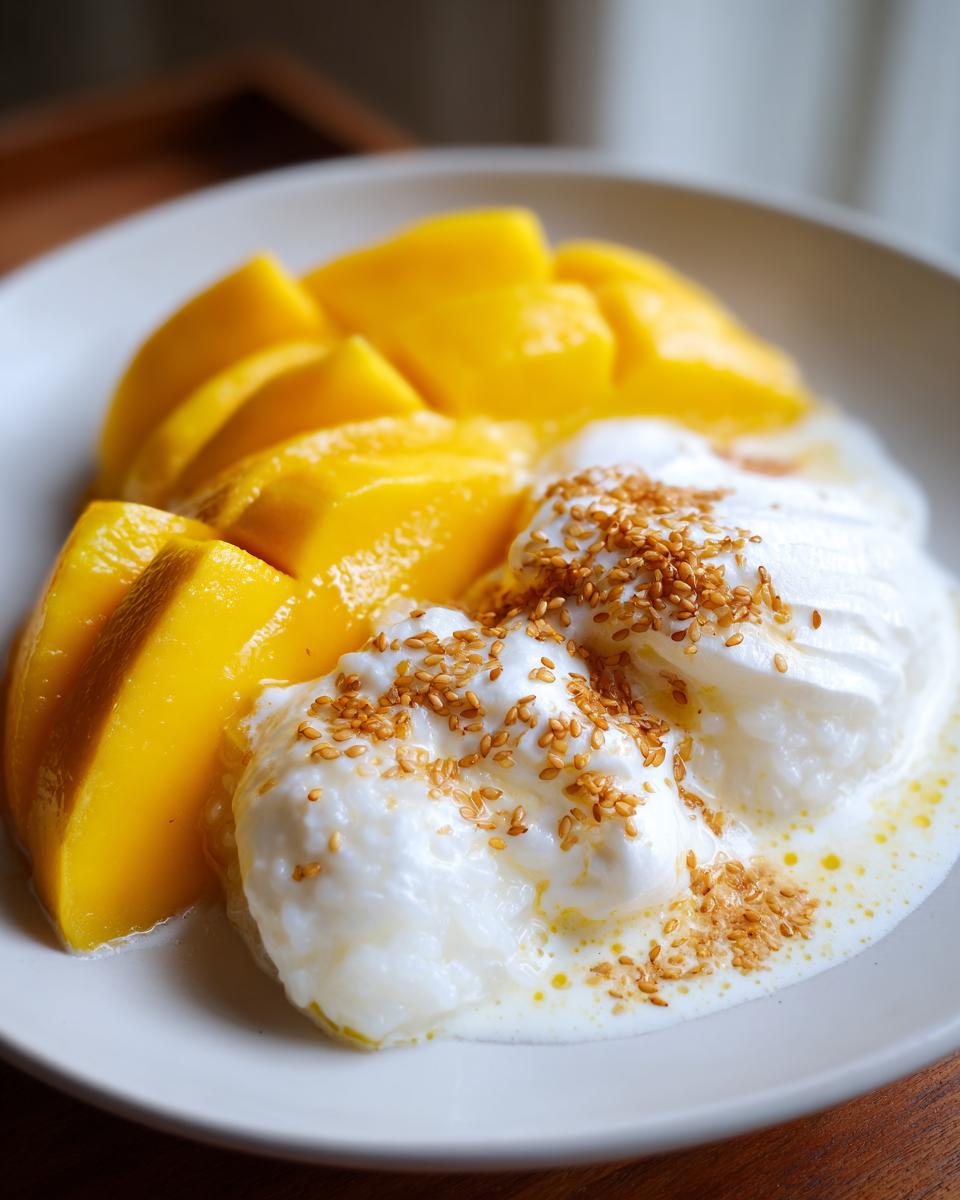 A serving of bright yellow sliced mango next to creamy coconut sticky rice, topped with toasted sesame seeds, making delicious mango sticky rice.