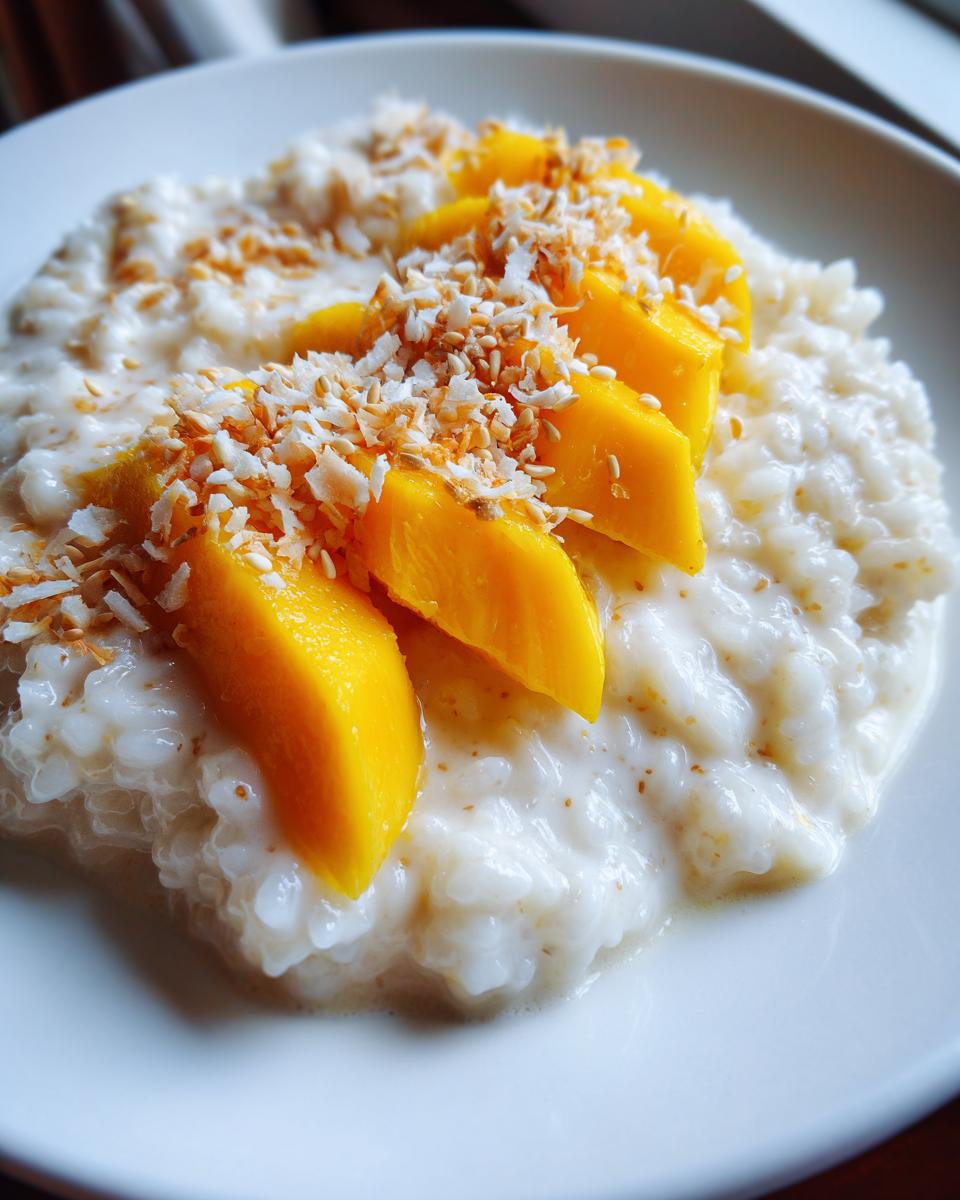 A close-up serving of creamy mango sticky rice topped with bright yellow mango slices and toasted coconut flakes.