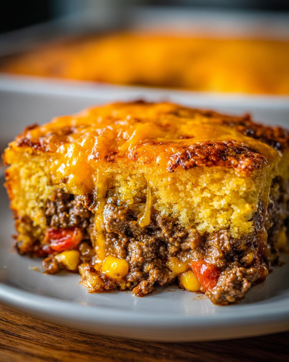 Close-up of a moist slice of mexican cornbread casserole topped with melted cheddar cheese over a savory ground beef filling.