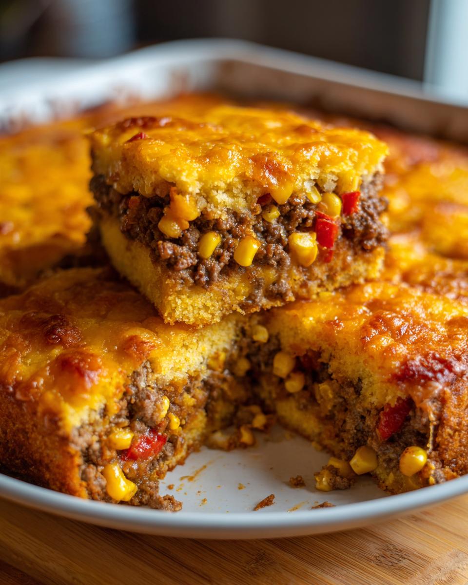 Close-up of a thick slice of mexican cornbread casserole showing layers of seasoned ground beef, corn, and peppers between cornbread layers.