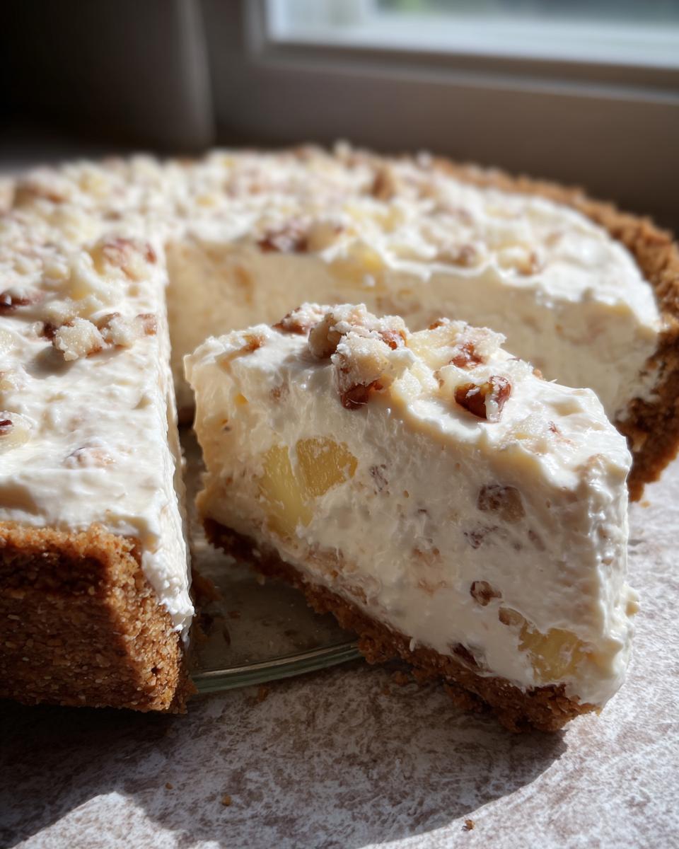 A close-up of a slice of rich, creamy Million Dollar Pie showing pineapple chunks and a nutty topping on a graham cracker crust.