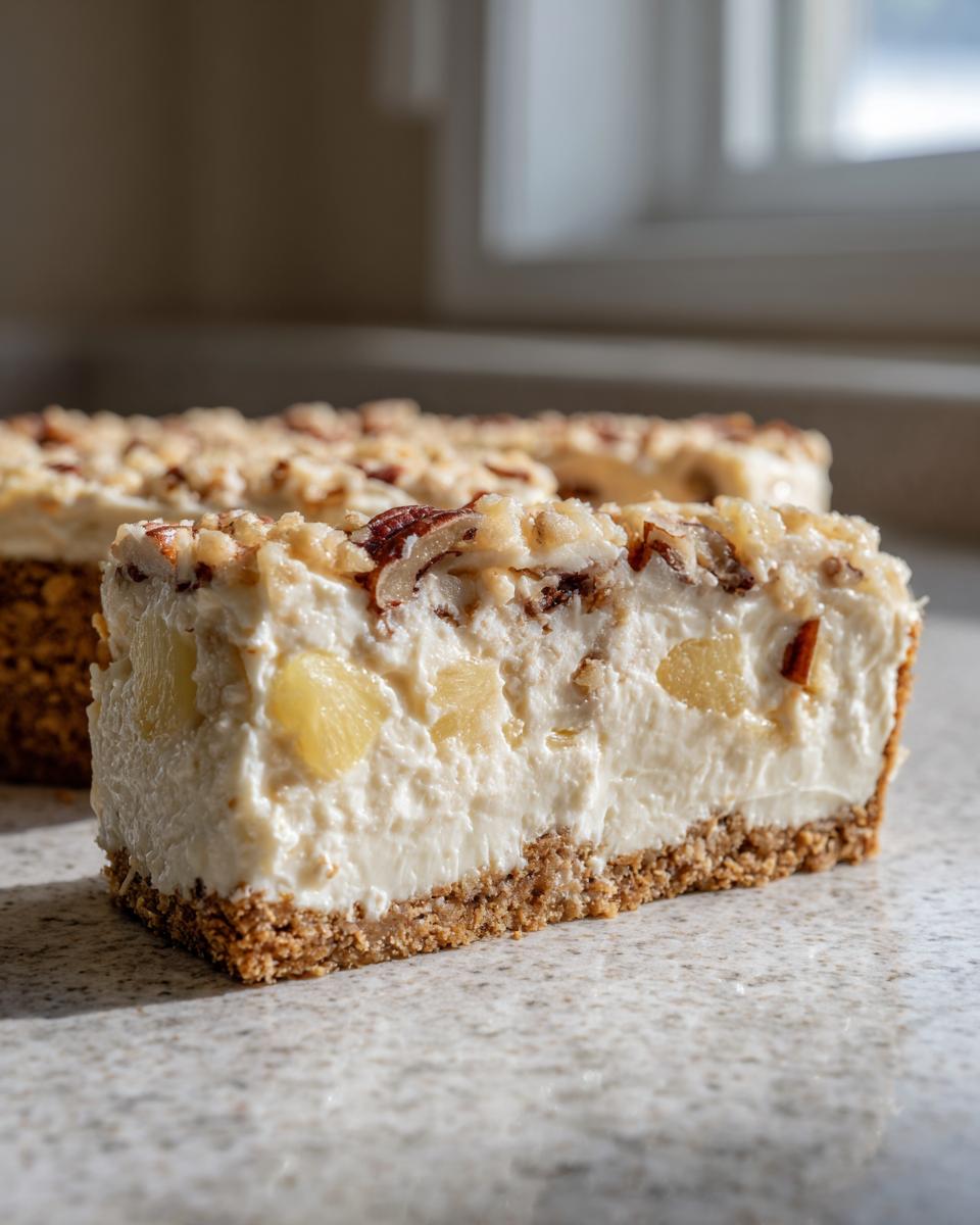 A thick slice of creamy Million Dollar Pie showing a graham cracker crust, creamy filling with pineapple chunks, and a pecan topping.