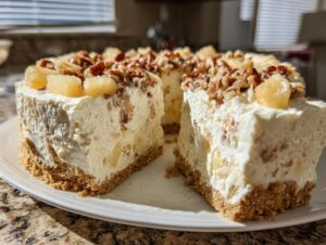 A thick slice of creamy, no-bake Million Dollar Pie with a graham cracker crust, topped with pecans and pineapple chunks.