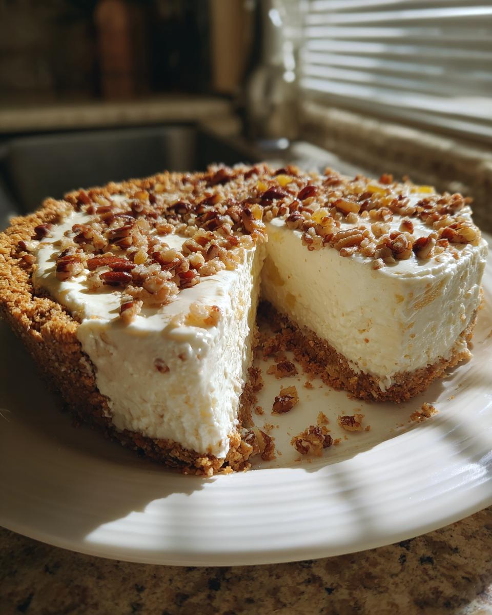 A whole, creamy Million Dollar Pie with a slice removed, topped generously with chopped pecans.