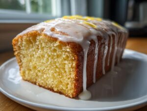 A close-up of a freshly baked lemon loaf cake topped with thick white icing dripping down the sides.