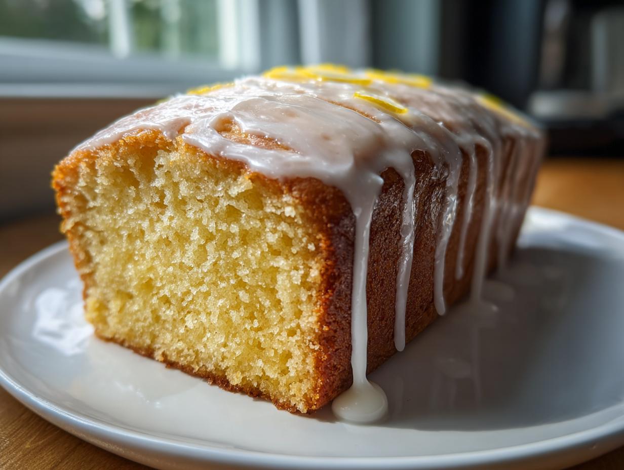A close-up of a freshly baked lemon loaf cake topped with thick white icing dripping down the sides.