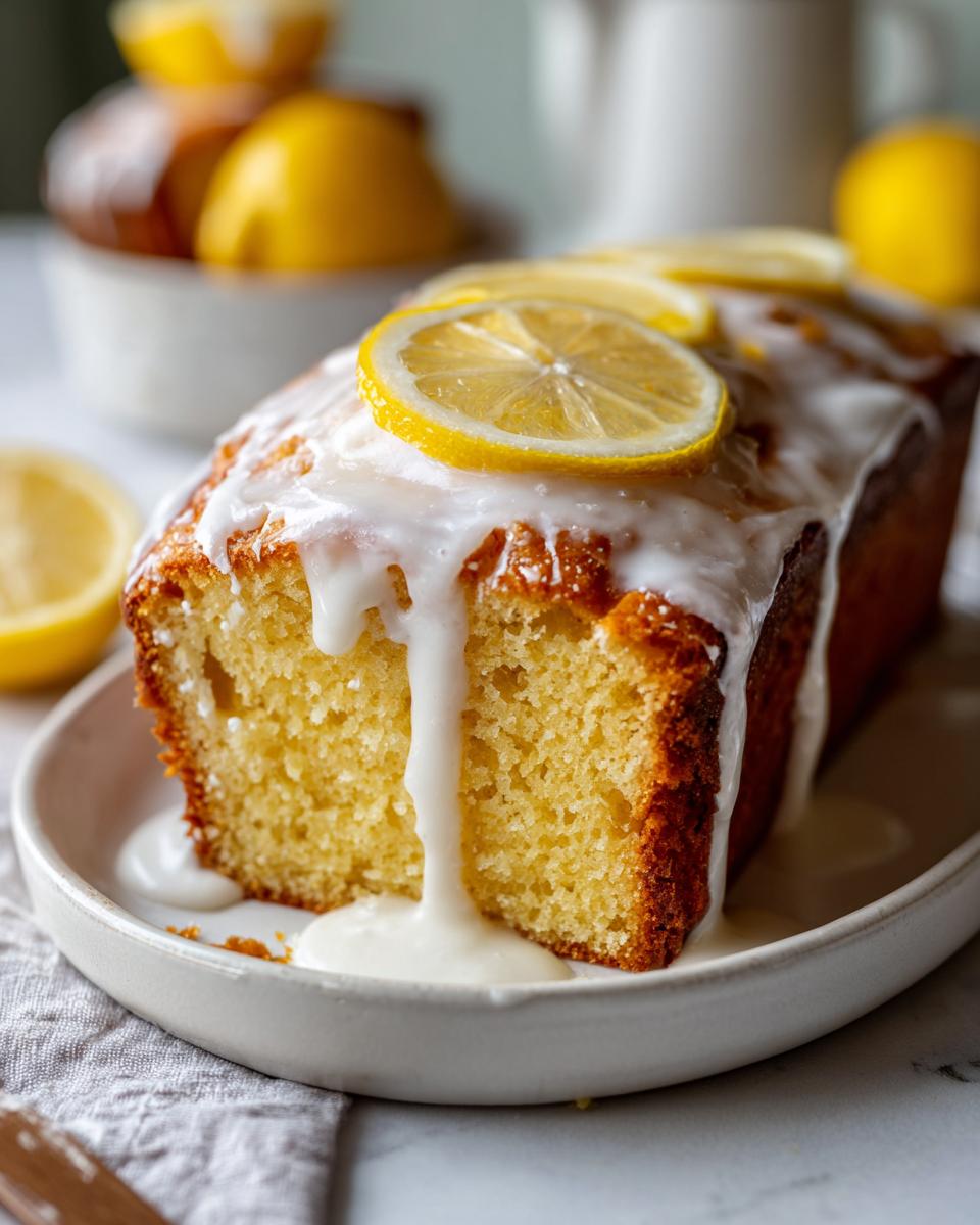 Close-up of a slice of moist lemon loaf topped with thick white glaze and fresh lemon slices.