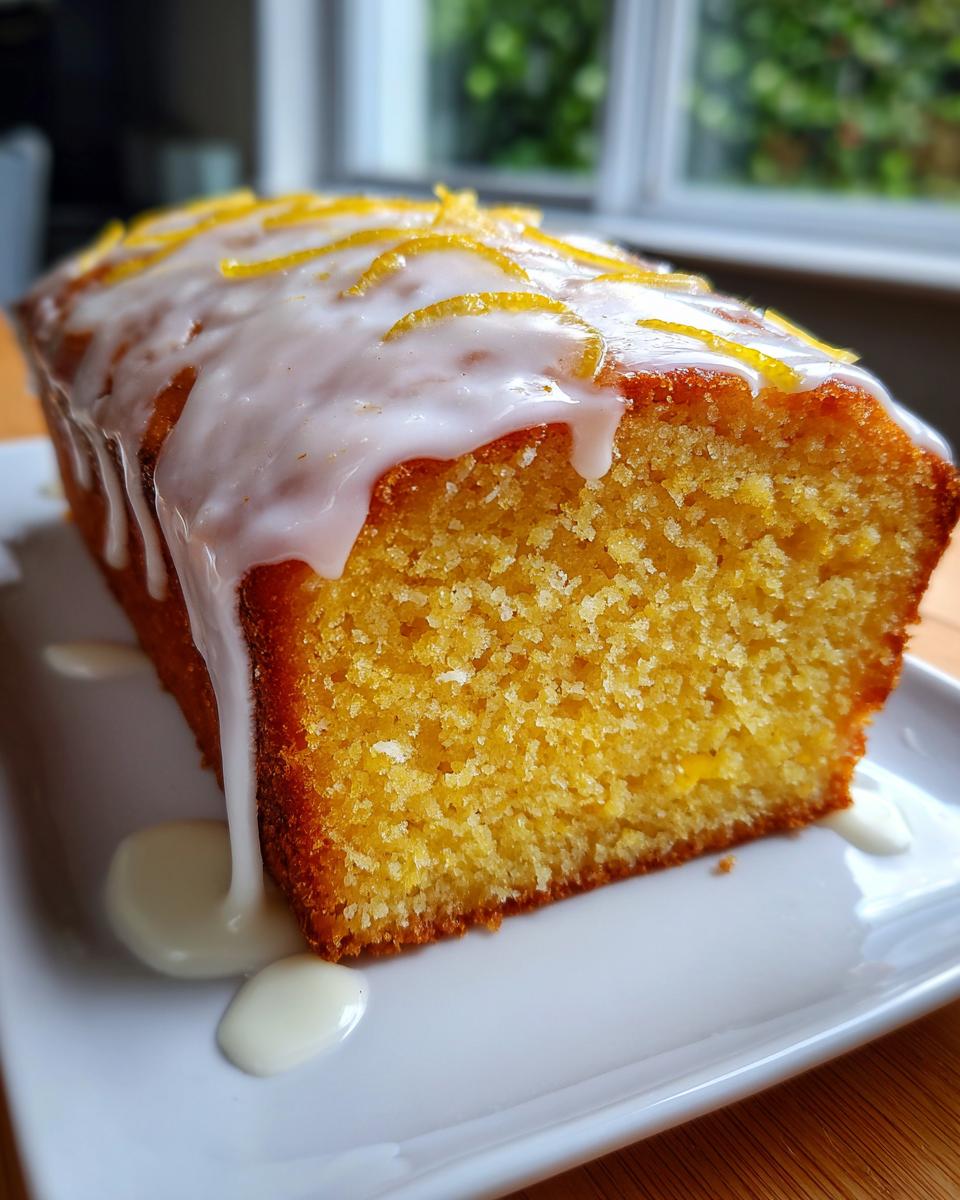 Close-up of a moist, yellow lemon loaf cake topped with thick white icing and lemon zest strips.