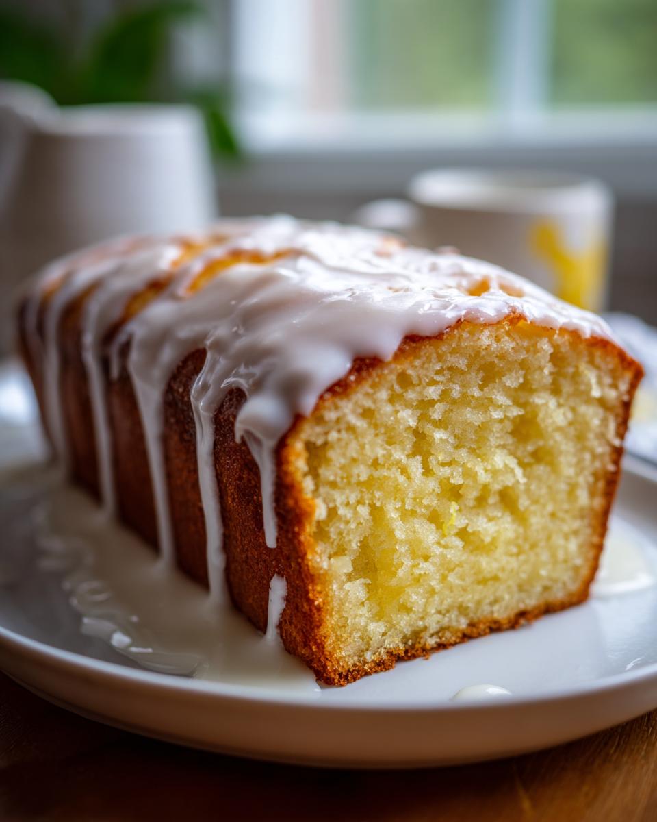 A close-up of a moist, yellow lemon loaf cake slice topped with thick white lemon glaze dripping down the sides.