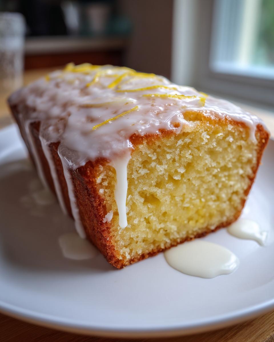 Close-up of a moist slice of lemon loaf cake topped with thick white glaze and lemon zest.