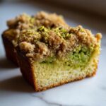 Close-up of a moist slice of pistachio coffee cake showing a green pistachio layer and crumbly streusel topping.